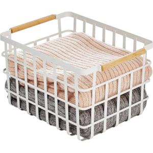 imagemDesign Metal Wire Closet Storage Basket Bin Organizer with Wood Handles for Bedroom Bathroom Mudroom Entryway Hallway or Linen Closet Organization  Yami Collection Matte WhiteNatural