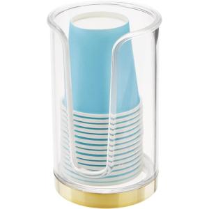 imagemDesign Plastic Small Compact Disposable Paper Cup Dispenser  Mouthwash Rinsing Cups Storage Holder for Bathroom Vanity Countertops Makeup Table Powder Room  Lumiere Collection ClearSoft Brass