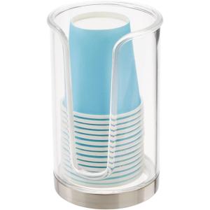 imagemDesign Plastic Small Compact Disposable Paper Cup Dispenser Mouthwash Rinsing Cups Storage Holder for Bathroom Vanity Countertops Makeup Table Powder Room Lumiere Collection ClearBrushed Chrome