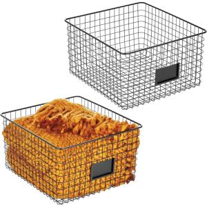 imagemDesign Wide Metal Farmhouse Storage Organizer Bin Baskets with Label Slot for Closet Cabinet Cupboard  Wire Organizing Basket Holds Clothing Linens Shoes Omaha Collection 2 Pack Matte Black
