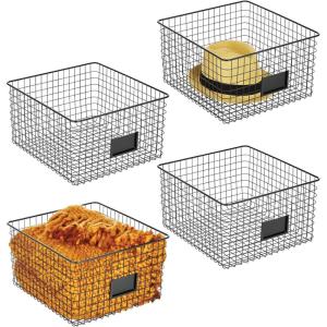 imagemDesign Wide Metal Farmhouse Storage Organizer Bin Baskets with Label Slot for Closet Cabinet Cupboard  Wire Organizing Basket Holds Clothing Linens Shoes Omaha Collection 4 Pack Matte Black