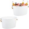 imagemDesign Large Metal Beverage Tub Oval Cooler for Beer Wine Ice and Drinks  Portable 475 Gallon18 Liter Cold Drink Trough for Parties  Steel Bin Bucket Stand with Bamboo Handles 2 Pack White