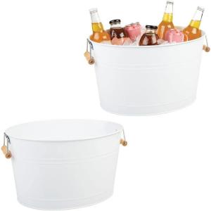 imagemDesign Large Metal Beverage Tub Oval Cooler for Beer Wine Ice and Drinks  Portable 475 Gallon18 Liter Cold Drink Trough for Parties  Steel Bin Bucket Stand with Bamboo Handles 2 Pack White