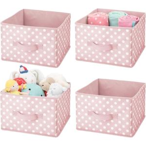 imagemDesign Medium Soft Fabric NurseryPlayroom Closet Storage Organizer Bin Box with Front Handle for Cube Furniture Shelving Units  Holds Toys Clothes Diapers Bibs 4 Pack PinkWhite Polka Dot