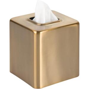 imagemDesign Metal Square Tissue Box Cover Modern Facial Paper Holder  Accessories for Bathroom Vanity Countertop Bedroom Dresser Night Stand Desk Office and End Table  Unity Collection  Soft Brass