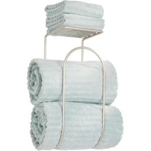 imagemDesign Modern Metal Wire Wall Mount Towel Rack Holder and Organizer with Storage Shelf  for Bathroom Towels Washcloths Hand Towels  Decorative Curved Design  Satin