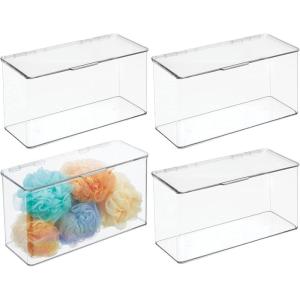 imagemDesign Plastic Bathroom Storage Organizer Box Containers with Hinged Lid for Vanity Drawers  Holds Lotions Face Towels Cotton Swabs Soap or Accessories  Lumiere Collection  4 Pack  Clear