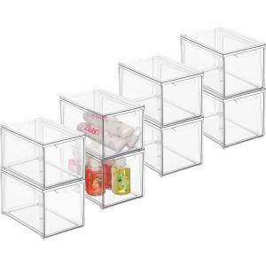 imagemDesign Plastic Stackable Bathroom Storage with Pull Out Bin Organizer Drawer for Cabinet Vanity Shelf Cupboard Cabinet or Closet Organization  Lumiere Collection  8 Pack  Clear