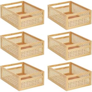 imagemDesign Large Wooden Rectangular Organizer Natural Cane Storage Bin with BuiltIn Handles for Kitchen Pantry or Cabinet Multipurpose Organizing Bin 6 Pack Natural
