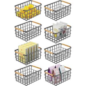 imagemDesign Metal Wire Food Organizer Storage Bin Basket with Bamboo Handles for Kitchen CabinetsPantry Organizing  Farmhouse Decor  Yami Collection  8 Pack  Graphite GrayNatural