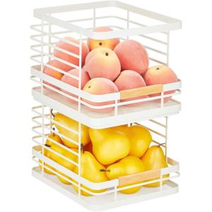 imagemDesign Metal Wire Rustic Farmhouse Large Food Organizer Stackable Storage Bin Basket with Wood Handle for Kitchen Pantry Shelf Cabinet or Cupboard  2 Pack  WhiteNatural