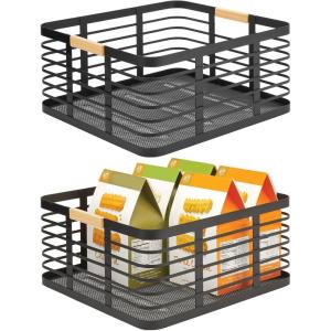imagemDesign Metal Wire Rustic Farmhouse Large Food Organizer Storage Bin Basket with Bamboo Wood Handle for Kitchen Pantry Shelf Cabinet or Cupboard  2 Pack  BlackNatural