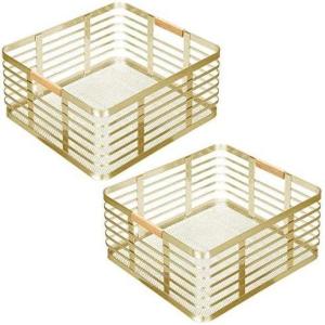 imagemDesign Metal Wire Rustic Farmhouse Large Food Organizer Storage Bin Basket with Bamboo Wood Handle for Kitchen Pantry Shelf Cabinet or Cupboard  2 Pack  Soft BrassNatural
