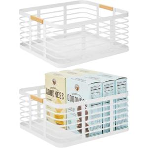 imagemDesign Metal Wire Rustic Farmhouse Large Food Organizer Storage Bin Basket with Bamboo Wood Handle for Kitchen Pantry Shelf Cabinet or Cupboard  2 Pack  WhiteNatural