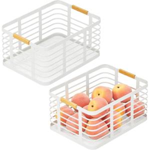 imagemDesign Modern Rustic Farmhouse Home Decor Large Metal Wire Food Organizer Storage Bin Basket with Wood Handle for Kitchen Pantry Shelf Cabinet or Cupboard  2 Pack  Matte WhiteNatural