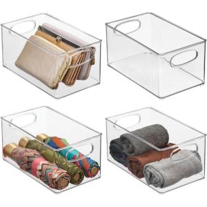 imagemDesign Plastic Home Closet Organizer  Basket Storage Holder Bin w Handles for Bedroom Bathroom Cabinet Shelves Entryway and Hallway  Holds Sweaters Purses  Ligne Collection  4 Pack  Clear
