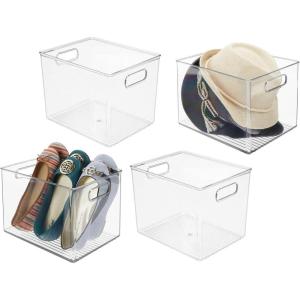 imagemDesign Plastic Storage Closet Organizer Bin Container Bin for Entryway Hallway Linen and Coat Closet  Organization for Clothing Blankets Toys and Accessories Ligne Collection 4 Pack Clear