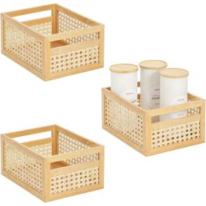 imagemDesign Small Wooden Rectangular Bin Natural Cane Organizer Storage Bin Box with BuiltIn Handles for Kitchen Storage Pantry or Cabinet Organizer Multipurpose Organizing Bin 3 Pack Natural