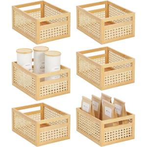 imagemDesign Small Wooden Rectangular Organizer Natural Cane Storage Bin Box with BuiltIn Handles for Kitchen Pantry or Cabinet Multipurpose Organizing Bin 6 Pack Natural