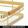 imagemDesign Metal Wire Rustic Farmhouse Large Food Organizer Stackable Storage Bin Basket with Bamboo Wood Handle for Kitchen Pantry Shelf Cabinet or Cupboard  2 Pack  Soft BrassNatural