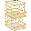 imagemDesign Metal Wire Rustic Farmhouse Large Food Organizer Stackable Storage Bin Basket with Bamboo Wood Handle for Kitchen Pantry Shelf Cabinet or Cupboard  2 Pack  Soft BrassNatural