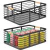 imagemDesign Metal Wire Rustic Farmhouse Large Food Organizer Storage Bin Basket with Bamboo Wood Handles for Kitchen Pantry Shelf Cabinet or Cupboard 2 Pack BlackNatural