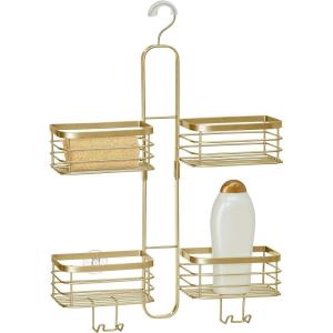 imagemDesign Metal Steel Hanging Shower Caddy 4 Basket Organizer Rack for Bathroom Hold Handheld Shower Head Hose Shampoo Conditioner Shaving Cream Soap Loofah  Carson Collection  Soft Brass