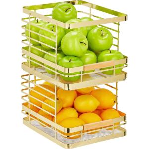 imagemDesign Metal Wire Rustic Farmhouse Large Food Organizer Stackable Storage Bin Basket with Bamboo Wood Handle for Kitchen Pantry Shelf Cabinet or Cupboard  2 Pack  Soft BrassNatural