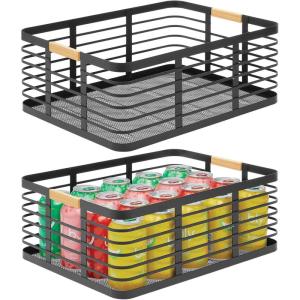 imagemDesign Metal Wire Rustic Farmhouse Large Food Organizer Storage Bin Basket with Bamboo Wood Handles for Kitchen Pantry Shelf Cabinet or Cupboard  2 Pack  BlackNatural