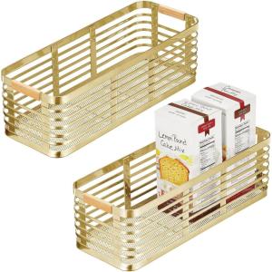 imagemDesign Metal Wire Rustic Farmhouse Small Food Organizer Storage Bin Basket with Bamboo Wood Handle for Kitchen Pantry Shelf Cabinet or Cupboard  2 Pack  Soft BrassNatural