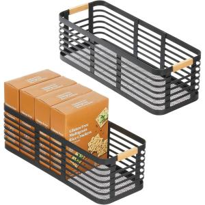 imagemDesign Metal Wire Rustic Farmhouse Small Food Organizer Storage Bin Basket with Wood Handle for Kitchen Pantry Shelf Cabinet or Cupboard  2 Pack  BlackNatural