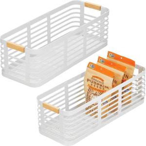 imagemDesign Metal Wire Rustic Small Farmhouse Food Organizer Storage Bin Basket with Bamboo Wood Handles for Kitchen Pantry Shelf Countertop Holds Fruit Snacks  2 Pack  WhiteNatural