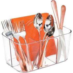 imagemDesign Plastic Cutlery Storage Organizer Caddy Bin Tote with Handle  Kitchen Cabinet Divided Pantry Basket for Forks Knives Spoons Napkins IndoorOutdoor Use Lumiere Collection Clear