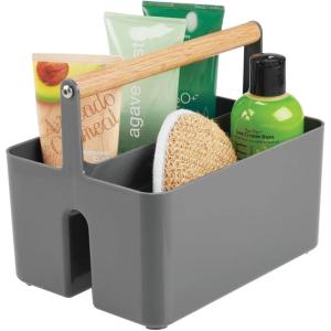 imagemDesign Plastic Portable Shower Caddy Divided Basket Bin Storage Organizer with Bamboo Handle for Bathroom Dorm Shelf ampamp Cabinet Holds Shampoo Conditioner  Aura Collection Charcoal GrayNaturalCharcoalNatural