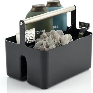 imagemDesign Plastic Shower Caddy Storage Organizer Utility Tote Divided Basket Bin  Metal Handle for Bathroom Dorm Kitchen Holds Soap Shampoo Conditioner  Aura Collection  BlackBrushed ChromeBlackBrushed