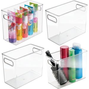 imagemDesign Plastic Stackable Tall Storage Organizer Bin Container with Handle for Bathroom Closet or Under Sink Organization  Holds Soaps Styling Tools or Makeup  Ligne Collection  4 Pack  Clear
