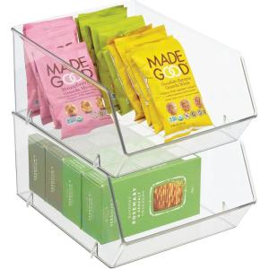 imagemDesign Plastic Stacking Food Storage Bin for Kitchen Cabinet Pantry Shelf FridgeFreezer  Organizer for Fruit Potatoes Onions Drinks Snacks Pasta  11quot Deep  2 Pack  Clear