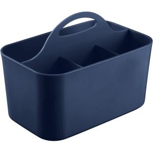 imagemDesign Small Plastic ShowerBath Storage Organizer Caddy Tote with Handle for Dorm Shelf Cabinet  Hold Soap Shampoo Conditioner Combs Brushes Lumiere Collection Navy Blue