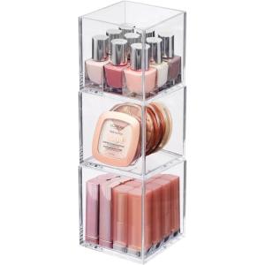 imagemDesign Stackable Square Cosmetic Organizer for Bathroom Bedroom or Vanity Countertop and Drawers  Storage Bin for Makeup Brushes Palettes Lipstick Blush  Prism Collection  3 Pack  Clear