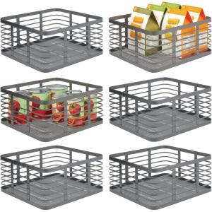 imagemDesign Steel Metal Wire Kitchen Food Storage Organizer Bin Basket for Pantry Organization  Wired Farmhouse Basket with Handle for Shelves  Carson Collection  6 Pack Dark Gray