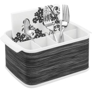 imagemDesign Plastic Cutlery Storage Organizer Caddy Tote Bin with Handles for Kitchen Cabinet or Pantry  Holds Forks Knives Spoons Napkins  Indoor or Outdoor Use Woven Accent  WhiteGraphite GrayWhiteGraphite