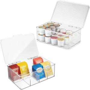 imagemDesign Plastic Stackable Divided Storage Organizer with Lid for Tea Bags and Coffee Pods in Kitchen Cabinet Countertop Ligne Collection Includes 1 Tea Organizer and 1 Coffee Pod Organizer Clear