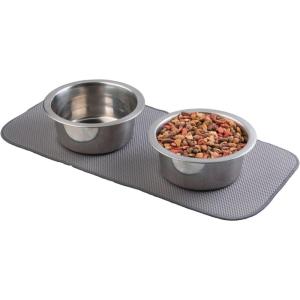 imagemDesign Premium Quality Microfiber Polyester Pet Food and Water Bowl Feeding Mat for Cats  Ultra Absorbent Reversible Placemat  Folds for Compact Storage  Small  Pewter GrayIvory