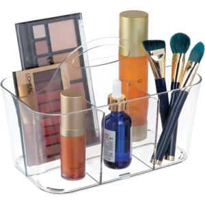 imagemDesign Plastic Makeup Storage Organizer Caddy Tote Divided Basket Bin Handle for Bathroom Holds Eyeshadow Palettes Nail Polish Brushes Shower Essentials Small Lumiere Collection  Clear