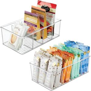 imagemDesign Plastic Divided Bin Storage Containers  Perfect for Fridge Cabinet Pantry and Home Organization  Clear  Refrigerator Organizers  Ligne Collection  2 Pack Clear