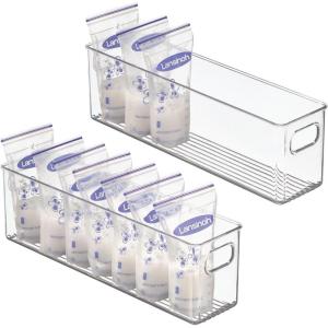 imagemDesign Plastic Long Stackable Storage Organizer Container Organization Bin wHandles for Kitchen Pantry Fridge Freezer Cabinet Perfect to Hold Breast Milk  Ligne Collection  2 Pack Clear