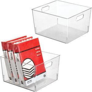 imagemDesign Tall Plastic Office Storage Bin with Handles  Organizer Bins for Cabinets Drawers Desks Workspace  Containers and Baskets for Pens Pencils Highlighters and Notebooks  2 Pack  Clear12 x 10 x 8 Pack of 2