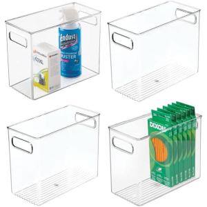 imagemDesign Tall Plastic Office Storage Bin with Handles  Organizer Bins for Cabinets Drawers Desks Workspace  Containers and Baskets for Pens Pencils Highlighters and Notebooks  2 Pack  Clear10 x 5 x 8 Pack of 4