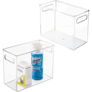 imagemDesign Tall Plastic Office Storage Bin with Handles  Organizer Bins for Cabinets Drawers Desks Workspace  Containers and Baskets for Pens Pencils Highlighters and Notebooks  2 Pack  Clear10 x 5 x 8 Pack of 2