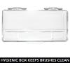 imagemDesign Plastic Toothbrush Holder Storage Organizer Bin for Bathroom Vanity Cabinet Closet Drawer  Holds Electric Toothbrush Toothpaste Dental Floss Teeth Whitening Strips  Hinged Lid  Clear